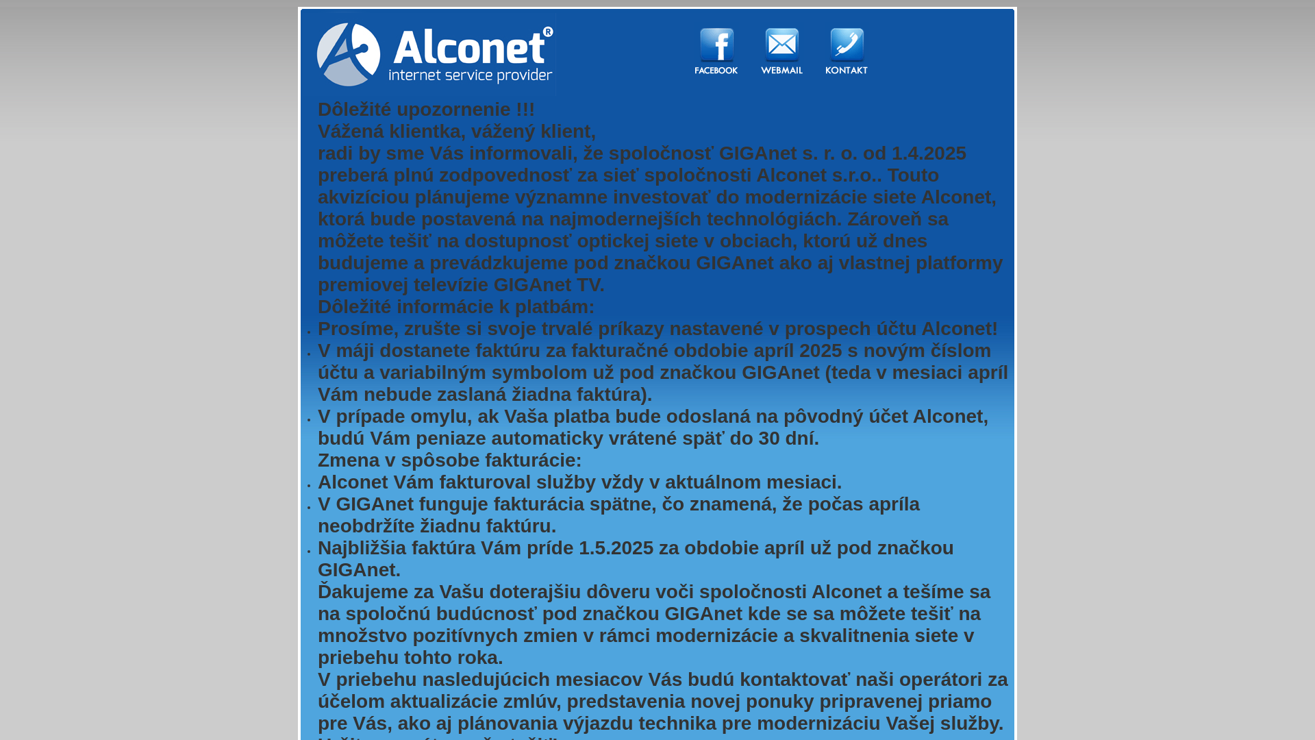 Screenshot domény alconet.sk | ALCONET, s.r.o. - Internet Service Provider Liptov