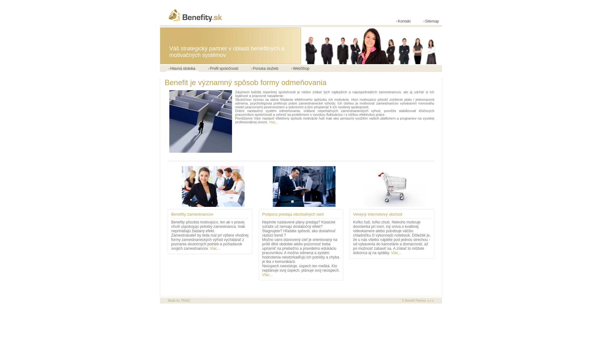 Screenshot domény benefity.sk | Benefit je významný spôsob formy odmeňovania | Benefity.sk | motivačné systémy, benefity, zamestnanci, obchodnici, predajné siete