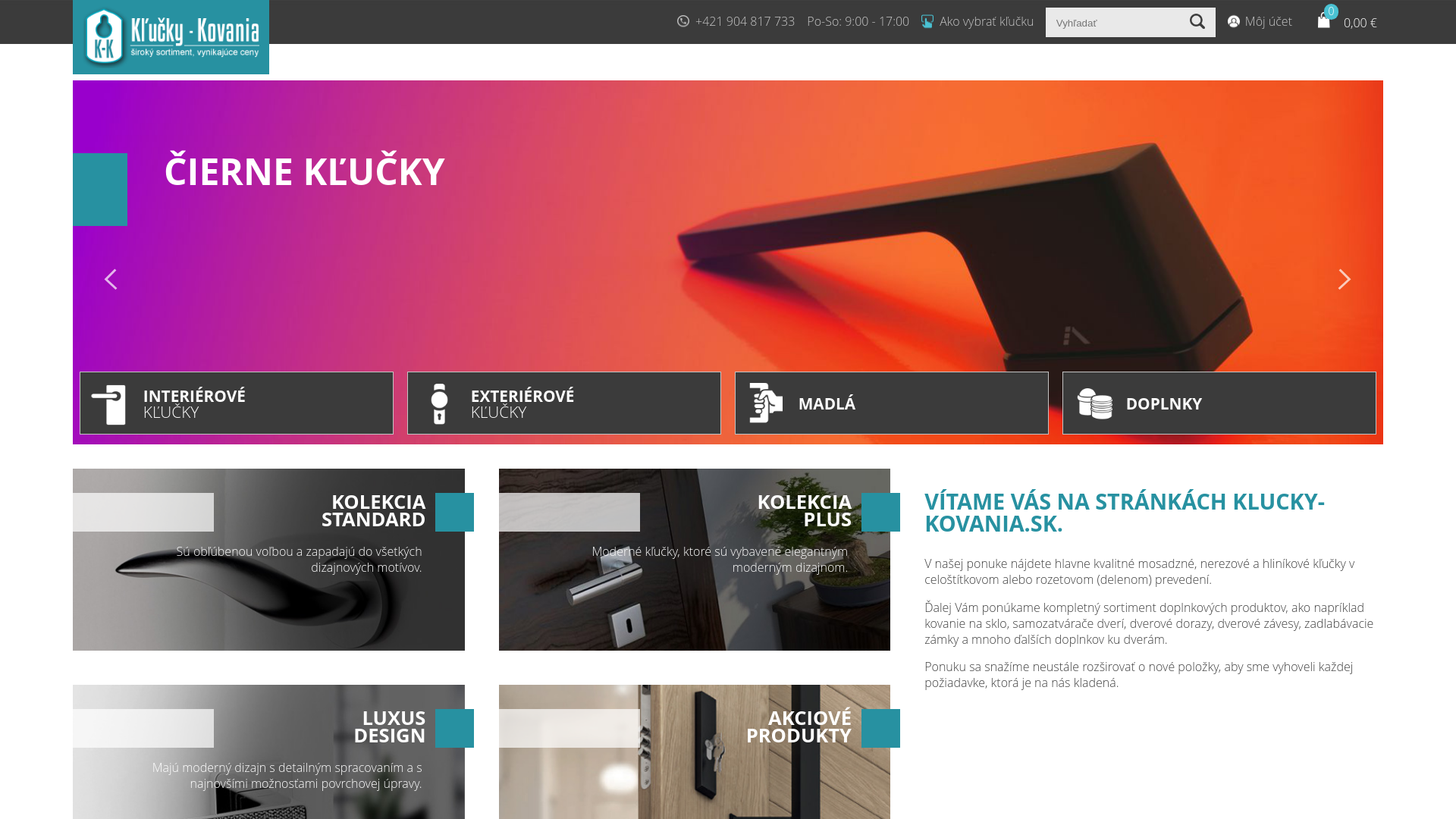 Screenshot domény klucky-kovania.sk | Mosadzné, nerezové a hliníkové kľučky v celoštítkovom alebo rozetovom prevedení a doplnky ku dverám - klucky-kovania.sk