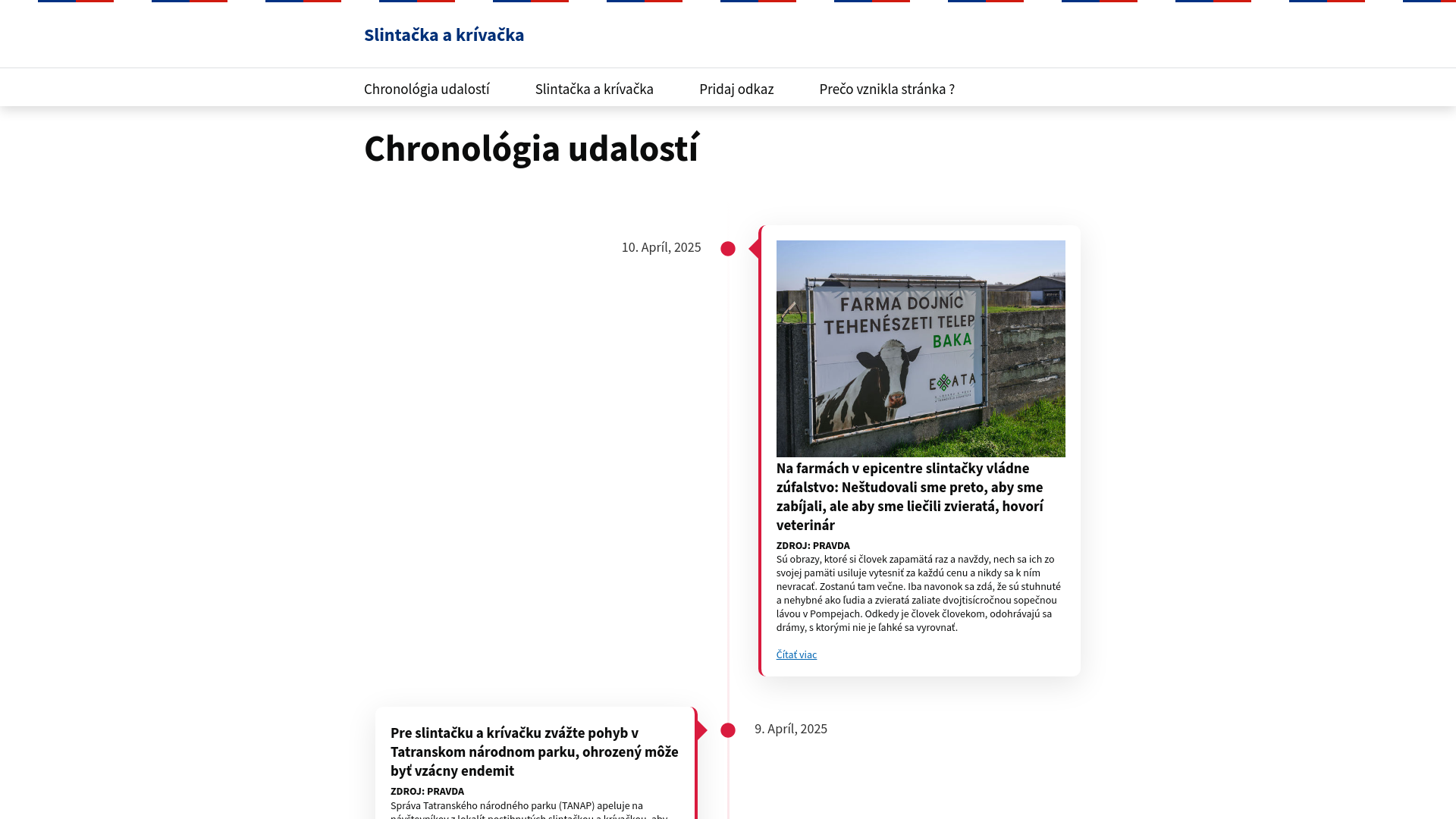 Screenshot domény slintacka.sk | Chronológia udalostí - Slintačka a krívačka