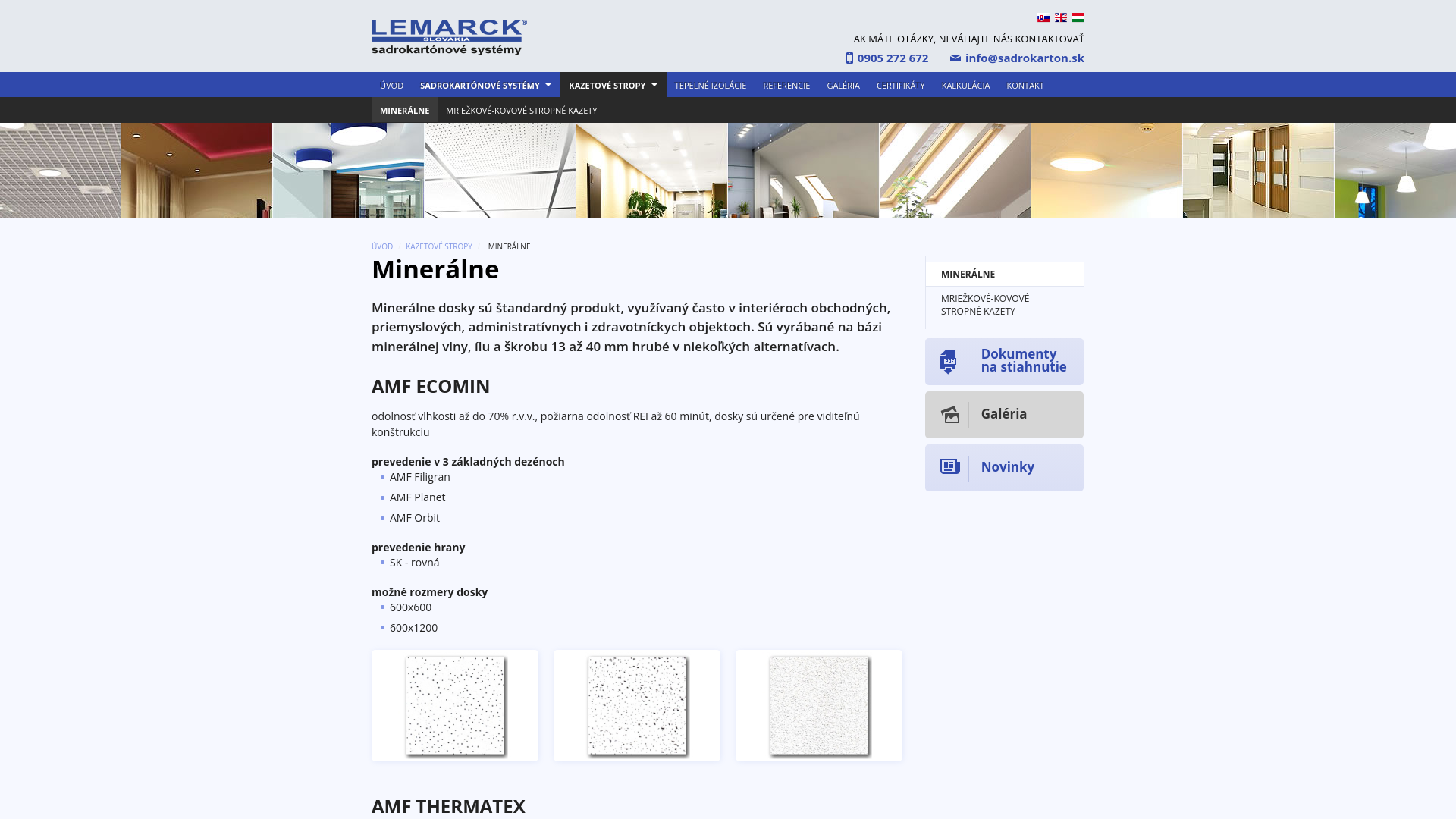 Screenshot domény thermatex.sk | Minerálne stropné kazety | LEMARCK