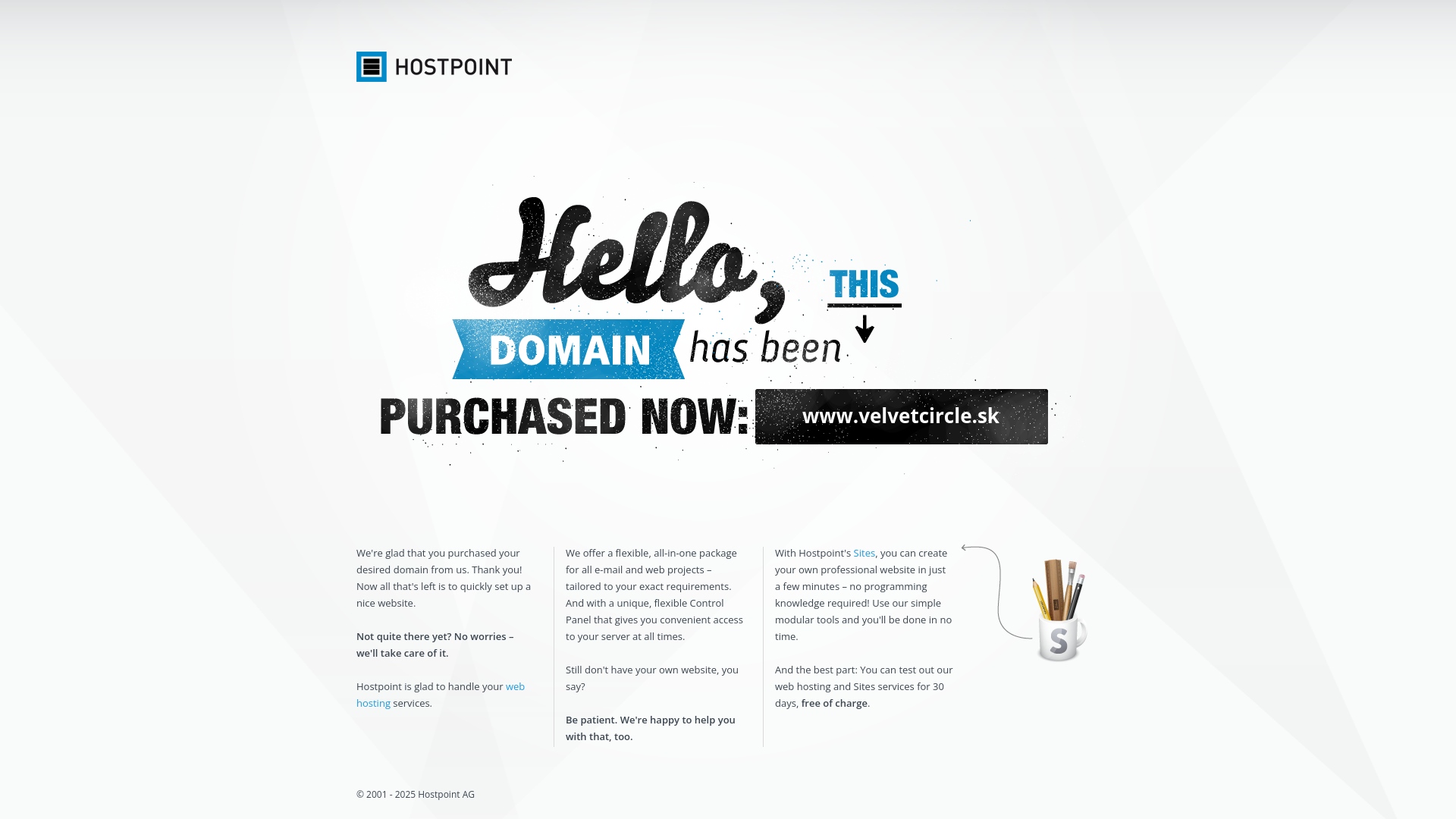Screenshot domény velvetcircle.sk | Hello, this domain has been purchased at Hostpoint