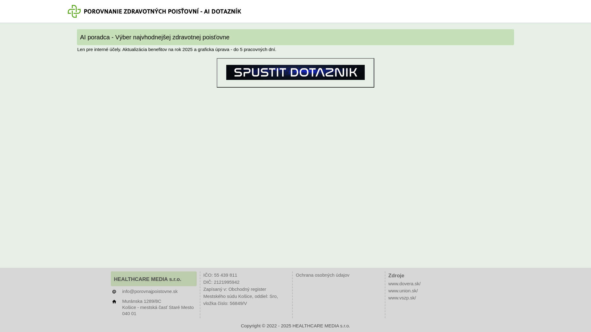 Screenshot domény zdravieai.sk | Porovnanie zdravotných poisťovní